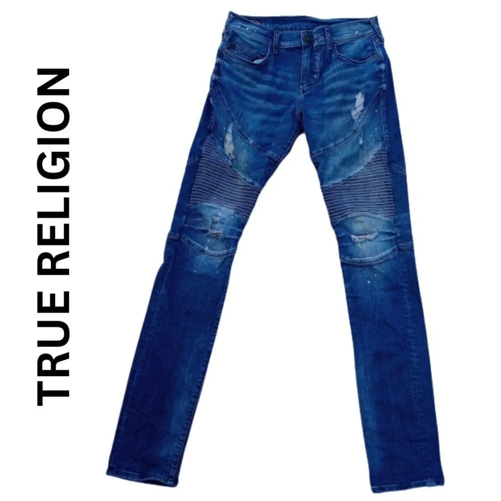 Size 28 True Religion Rocco Distressed Moto Relaxed Skinny Jeans Paint Splatter